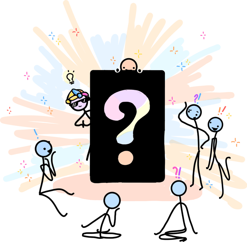 A host peeking out from behind a door with a question mark on it